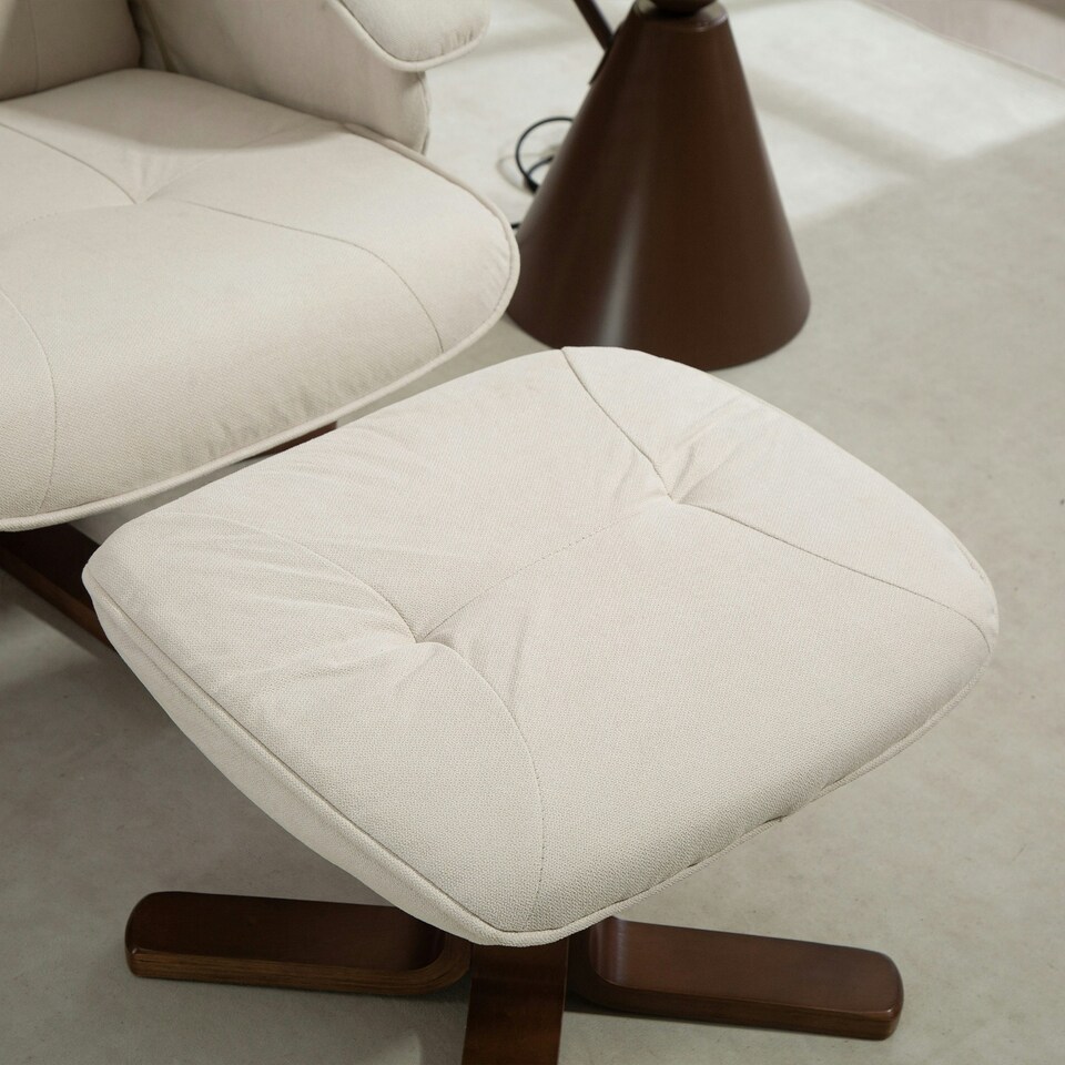 image 1 of HOMCOM Swivel Recliner Chair with Footstool and Wooden Base, Beige Cream