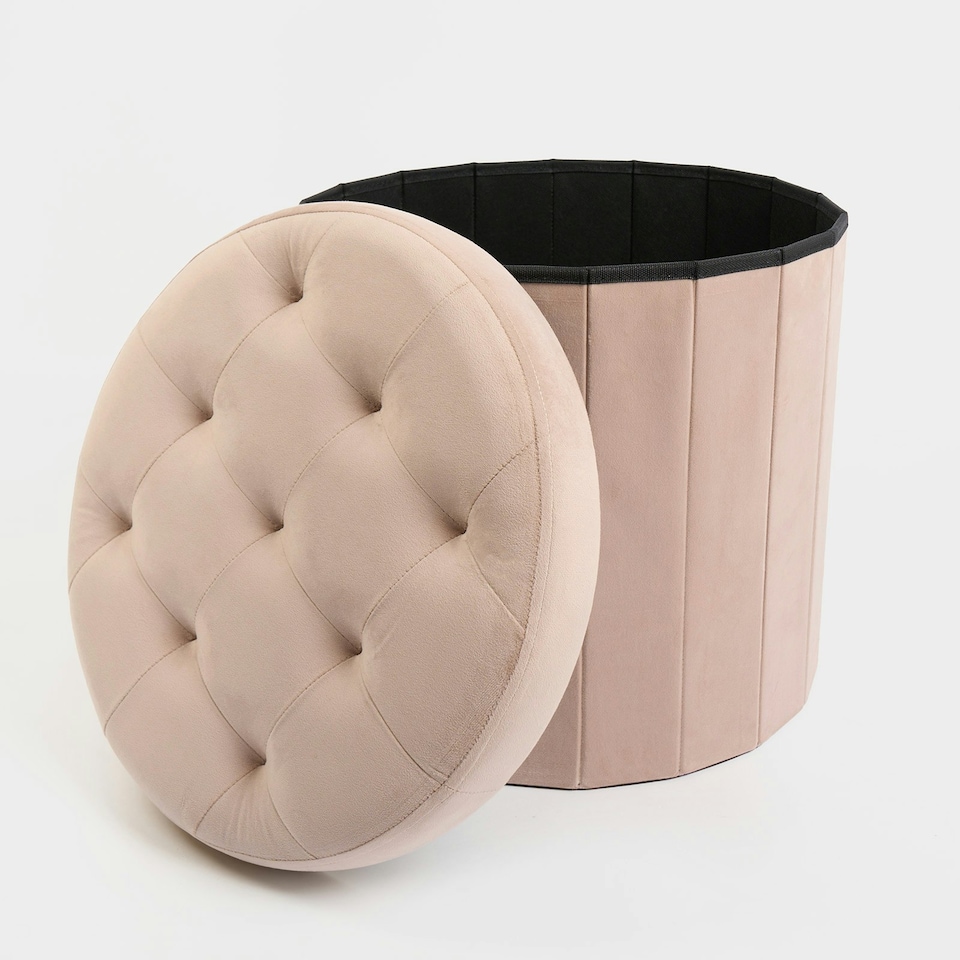 image 1 of OHS Matte Velvet Soft Round Foldable Footstool Seat Storage Organiser Ottoman | Cream | Natural