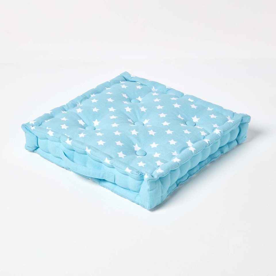 image 1 of Homescapes Cotton Blue Stars Floor Cushion - 40 x 40 cm | Blue | 40 x 40 cm