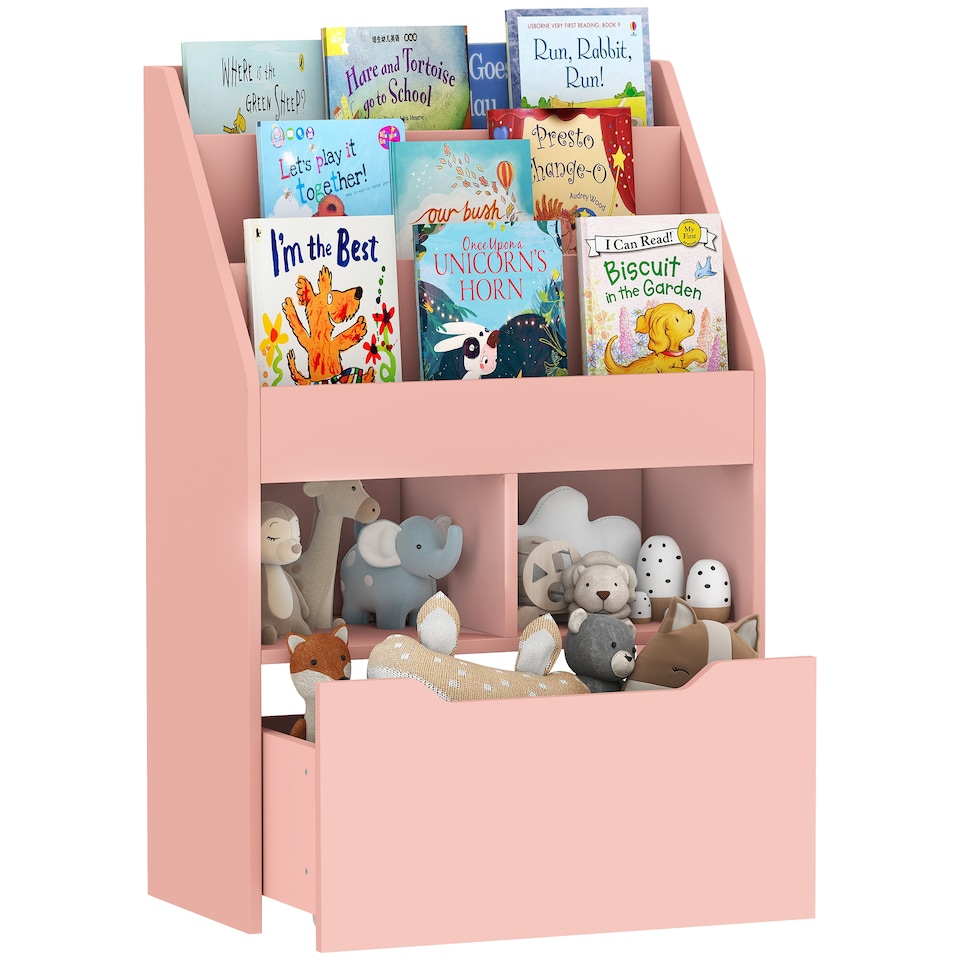 image 1 of HOMCOM Kids Bookshelf Bookcase with Storage Drawer with Wheels Toy Organiser | Pink