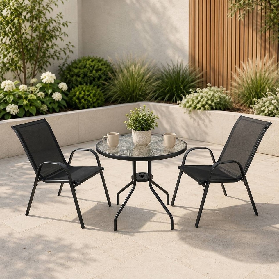 image 1 of 3 Pcs Garden Round Glass Top Table & 2 Chairs Bistro Set