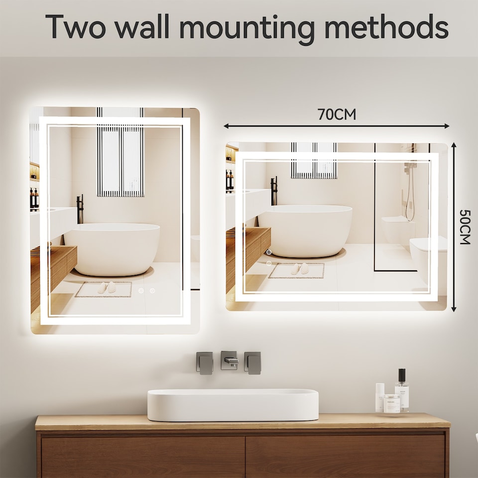 image 1 of Rattantree LED Bathroom Mirror Wall Mounted Anti Fog Dimmable 50 x 70cm