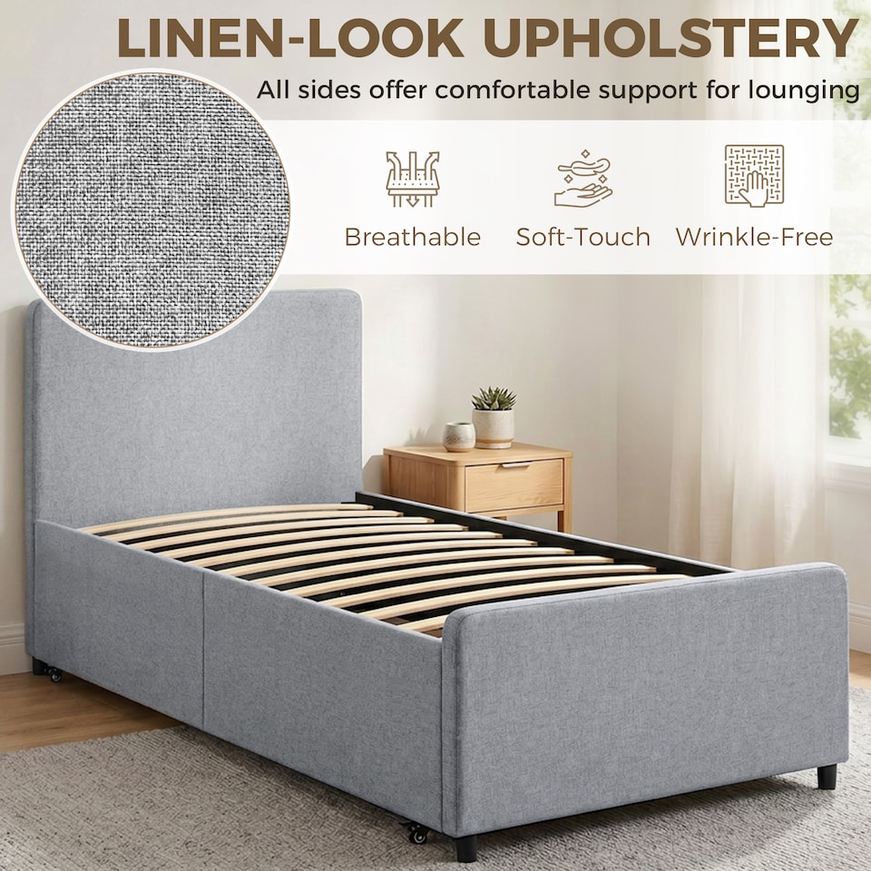 image 1 of HOMCOM 90 x 190 cm Upholstered Single Bed, Pull Out Trundle Bed