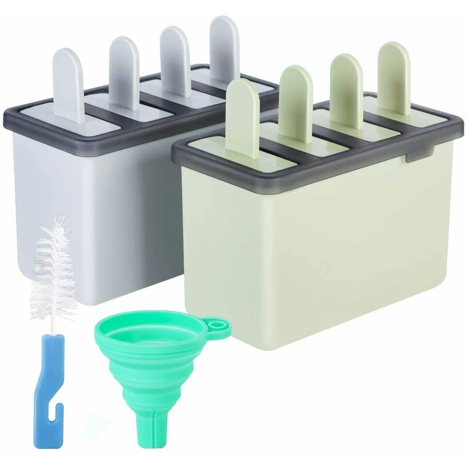 image 1 of Grey & Green Ice Lolly Moulds Set | 8 Popsicle Maker Moulds with Stands, Funnel & Cleaning Brush | Reusable Freezer Ice Pop Makers