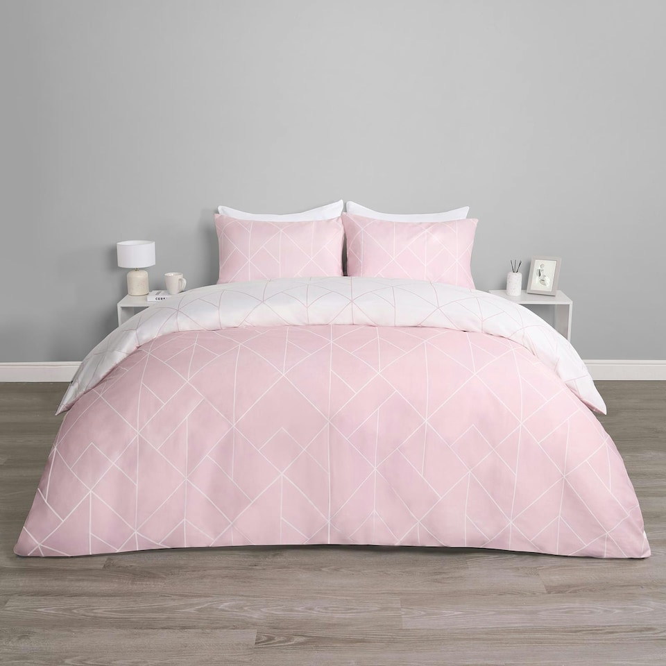 image 1 of OHS Geometric Reversible Print Duvet Cover and Pillowcase Set, Double - Blush Pink
