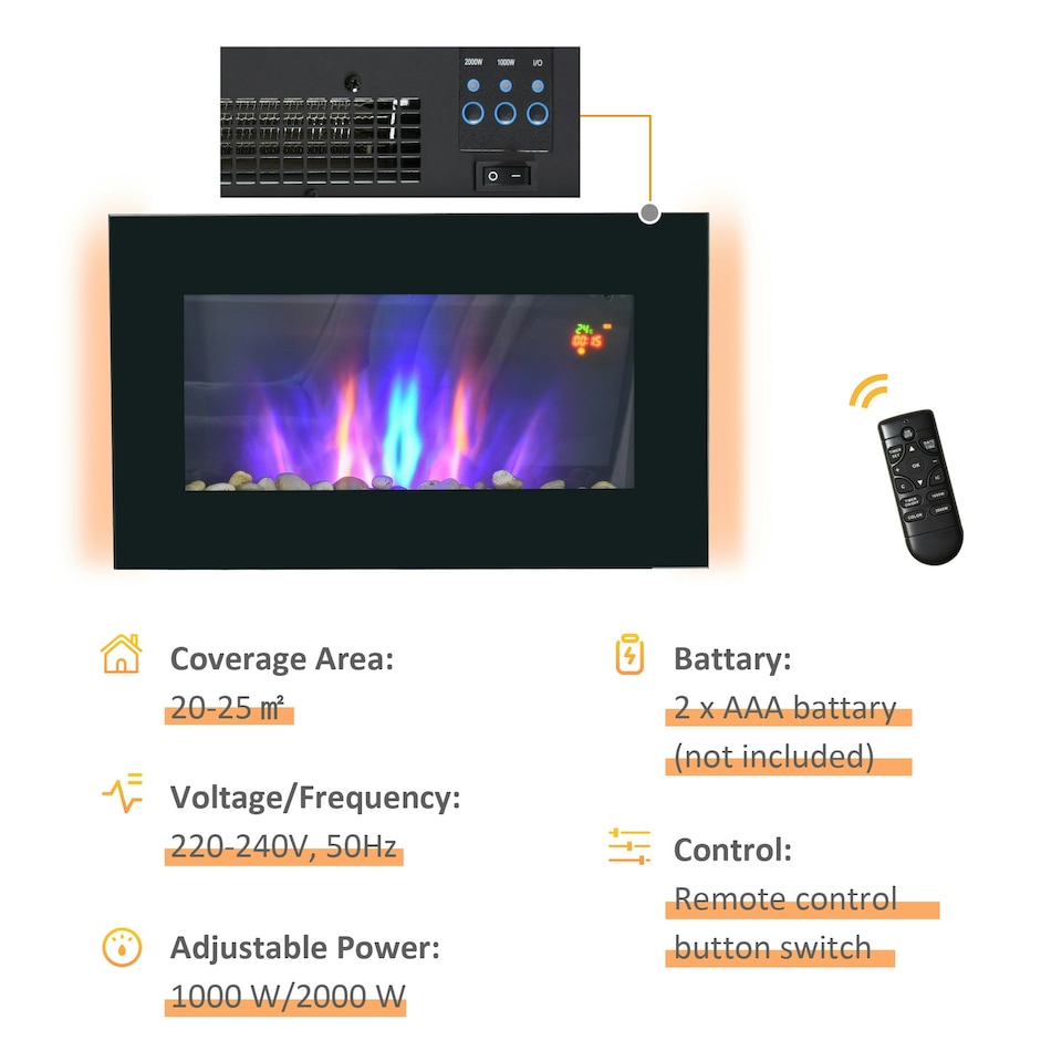 image 1 of HOMCOM 1000W/2000W Electric Wall Fireplace LED Flame Effect Timer Remote Heater