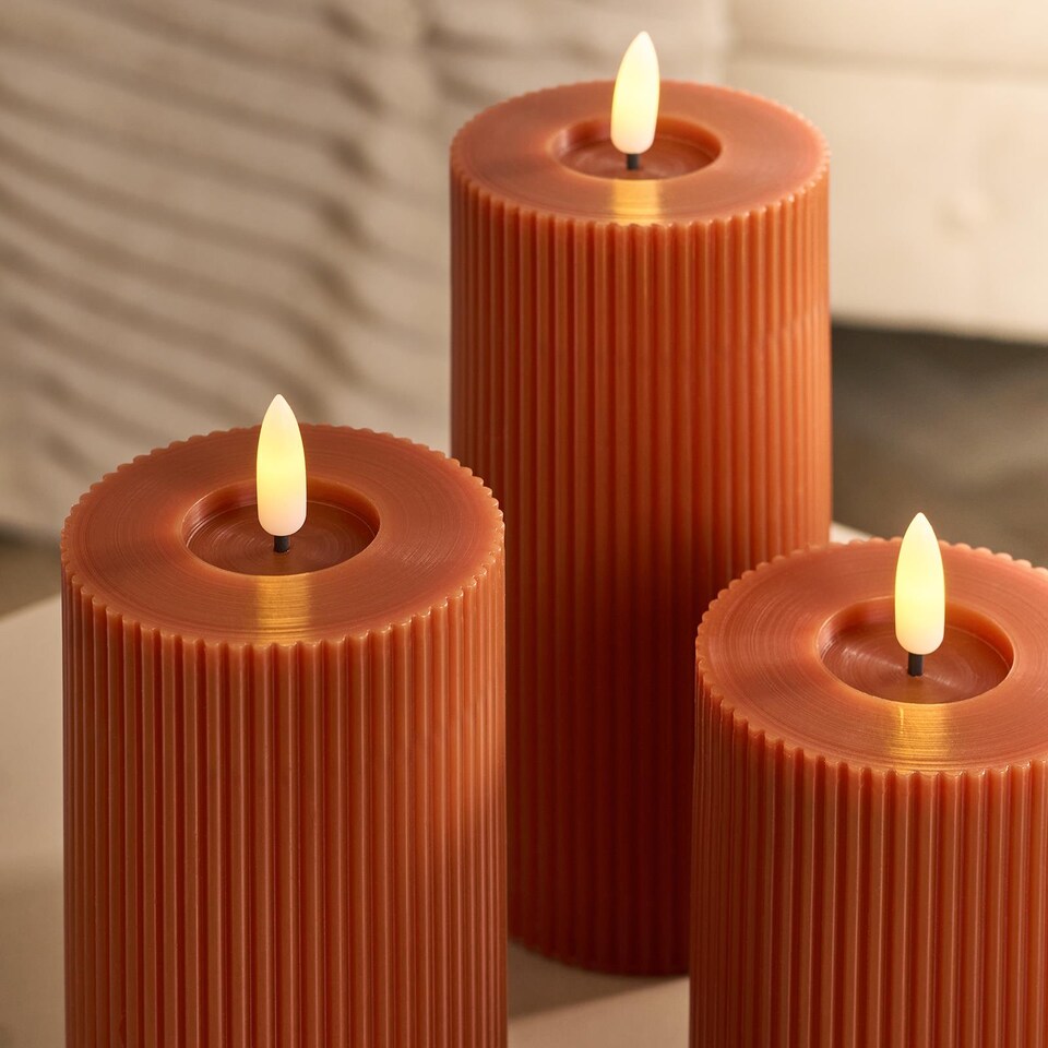 image 1 of OHS Set of 3 Ribbed Flameless LED Candles Decorative Lights Party Home | Orange | Rust