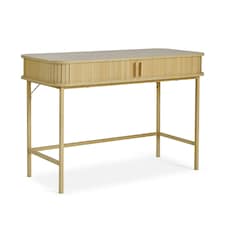 VonHaus Landos Computer Desk with Sliding Doors and Tambour Finish Brown