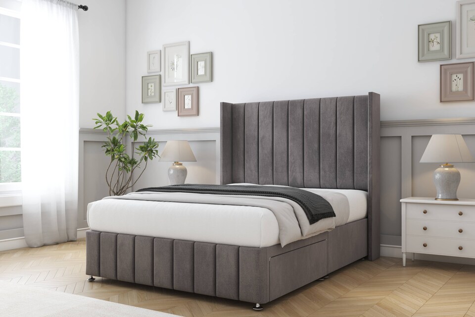 image 1 of Sloomy Melbourne Slate Naples Divan Bed Base 2 Drawers Foot-End With 54 Inch Wingback Headboard & 12 Inch Matching Footboard | Grey | Slate | King | 1