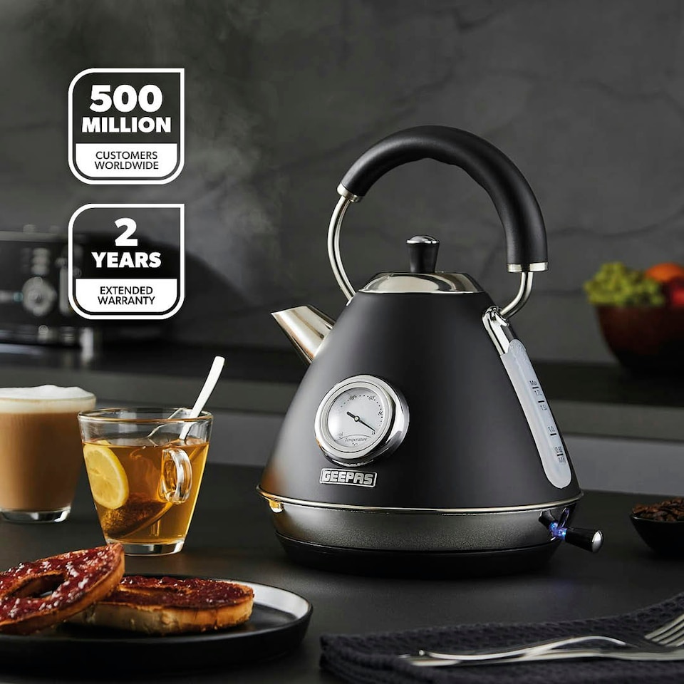 image 1 of GEEPAS Electric Kettle | Vintage Cordless Stainless Steel, 1.7L | 3000W Retrovive Black