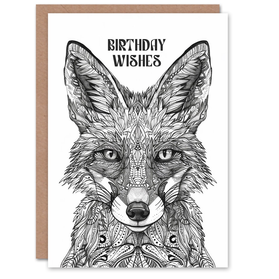 image 1 of Mystical Fox Black White Tribal Folk Art Wishes Birthday Card