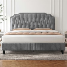 Yaheetech 135 cm W x 190 cm L Upholstered Bed Frame with Button-Tufted Headboard Light Grey