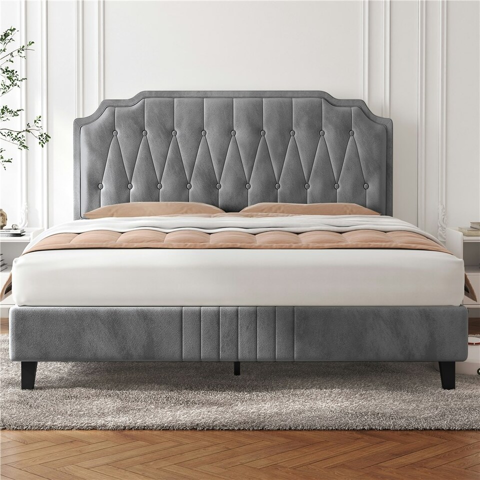 image 1 of Yaheetech 135 cm W x 190 cm L Upholstered Bed Frame with Button-Tufted Headboard Light Grey