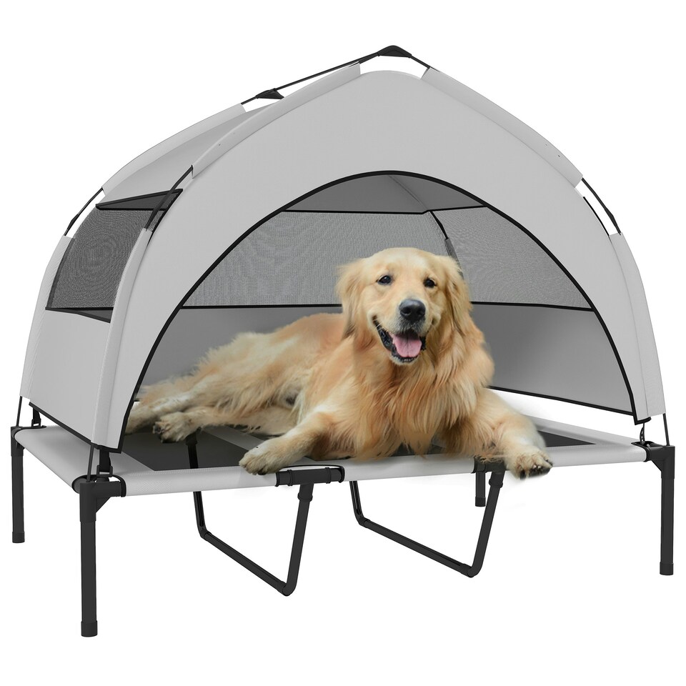 image 1 of PawHut Portable Elevated Dog Bed with Removable Canopy Grey | M