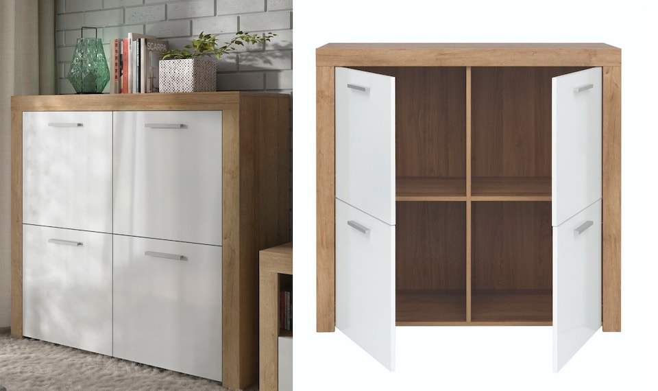 image 1 of Compact Storage Sideboard 4 Door Cabinet Cupboard White Gloss Oak Effect Balder