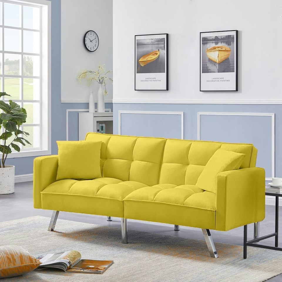 image 1 of Sofa Bed 2 Seater Yellow Velvet Click Clack Sofa Settee Recliner Couch with Metal Legs with 2 Pillows Yellow