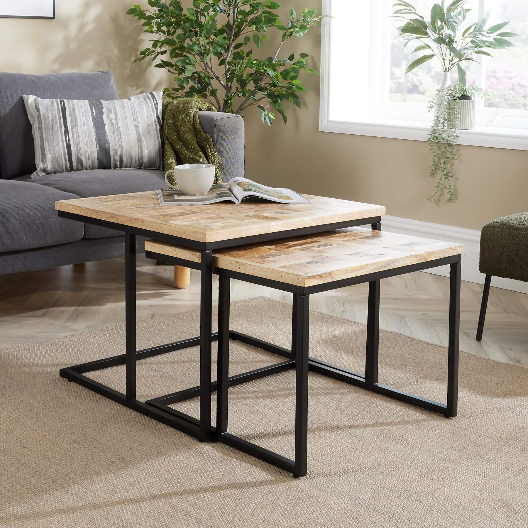 Home Source - Nest 2 Tables Solid Mango Wood Tabletop Iron Frame Home Living Furniture Storage