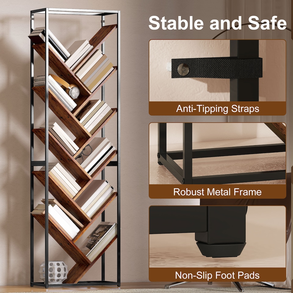 image 1 of HOMCOM 10 Tier Tree Bookshelf Industrial Tall Bookcase Rustic Brown Black