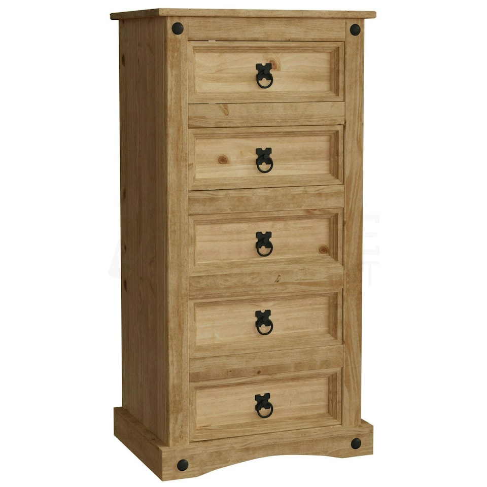 image 1 of Vida Designs Corona 5 Drawer Narrow Chest of Drawers Bedroom Storage, Solid Pine Wood