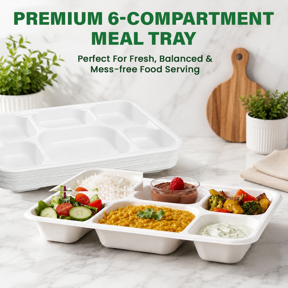 ECONX Bagasse 6 Compartment Food Tray Plate Disposable Sugarcane