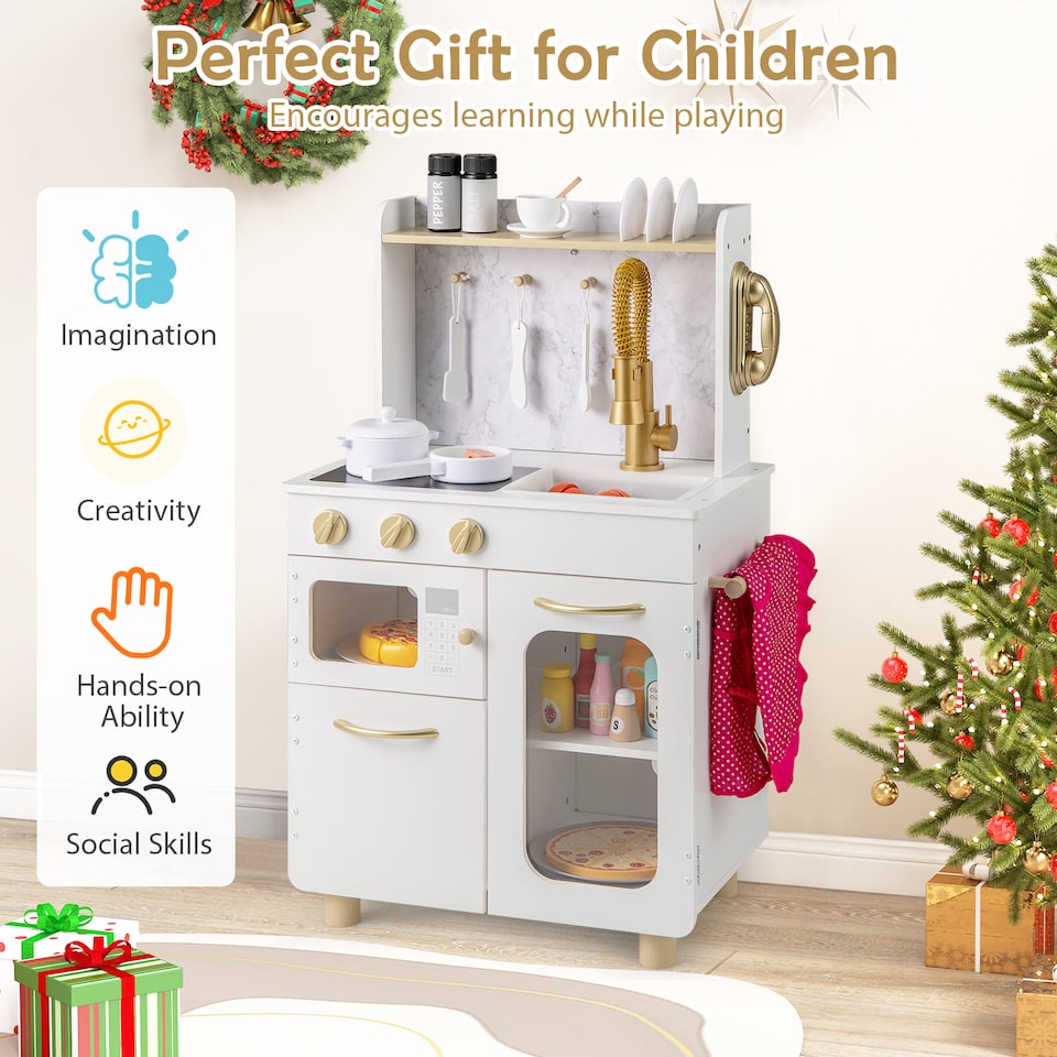 image 1 of COSTWAY Kids Kitchen Set Wooden Pretend Play Kitchen with Stoves & Sink-White