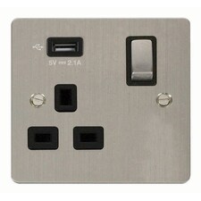 SE HOME Flat Plate Stainless Steel 1 Gang 13A DP Ingot 1 USB Switched Plug Socket - Black Trim - SE Home Black | Stainless Steel