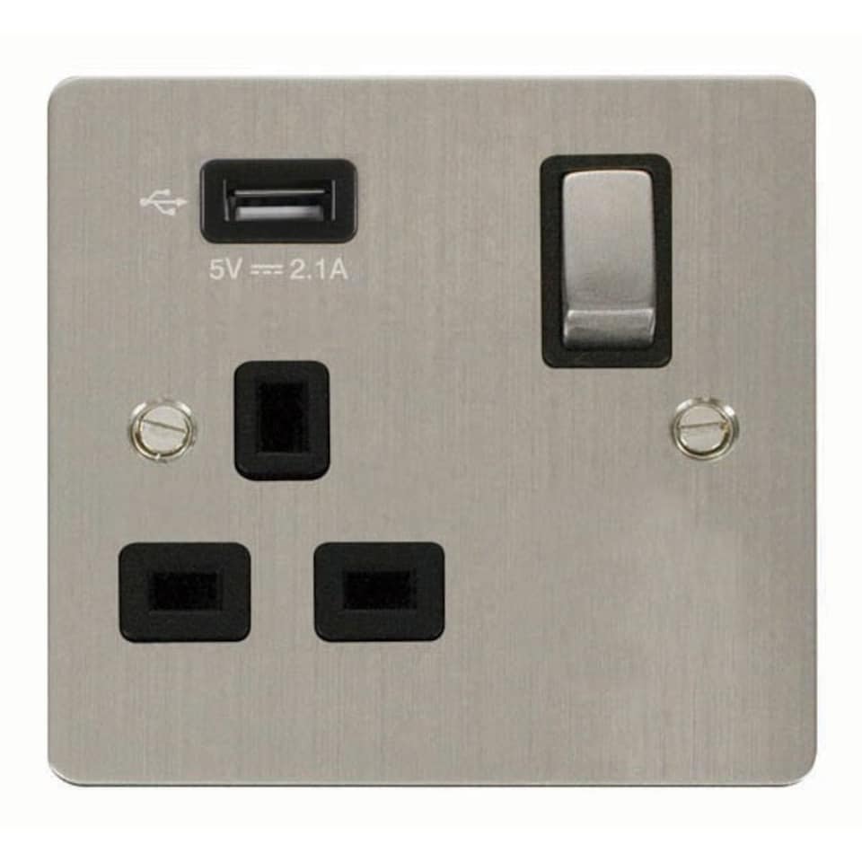 SE HOME Flat Plate Stainless Steel 1 Gang 13A DP Ingot 1 USB Switched Plug Socket - Black Trim - SE Home Black | Stainless Steel