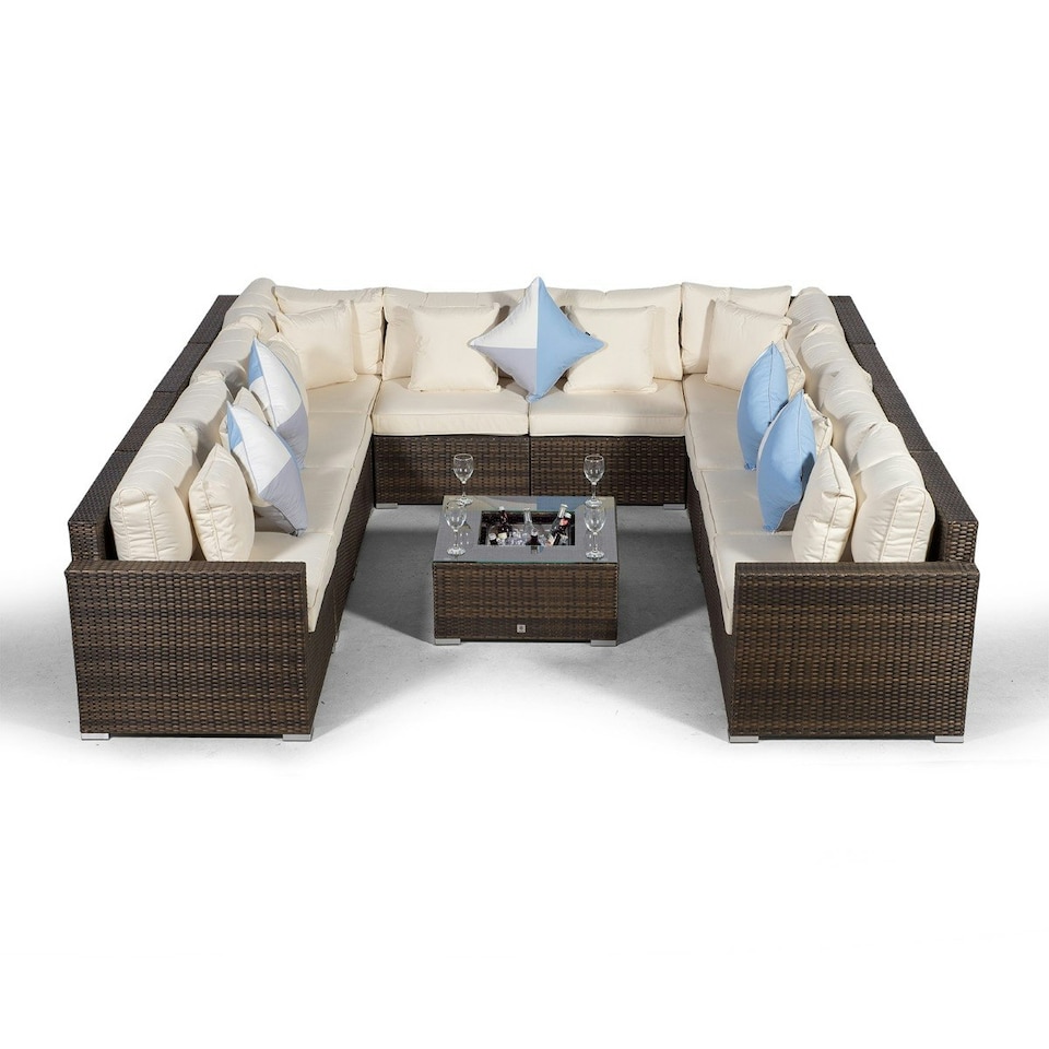 image 1 of Havana 10 Seat Rattan Sofa Conversation Set with Ice Bucket Coffee Table Brown | Ivory