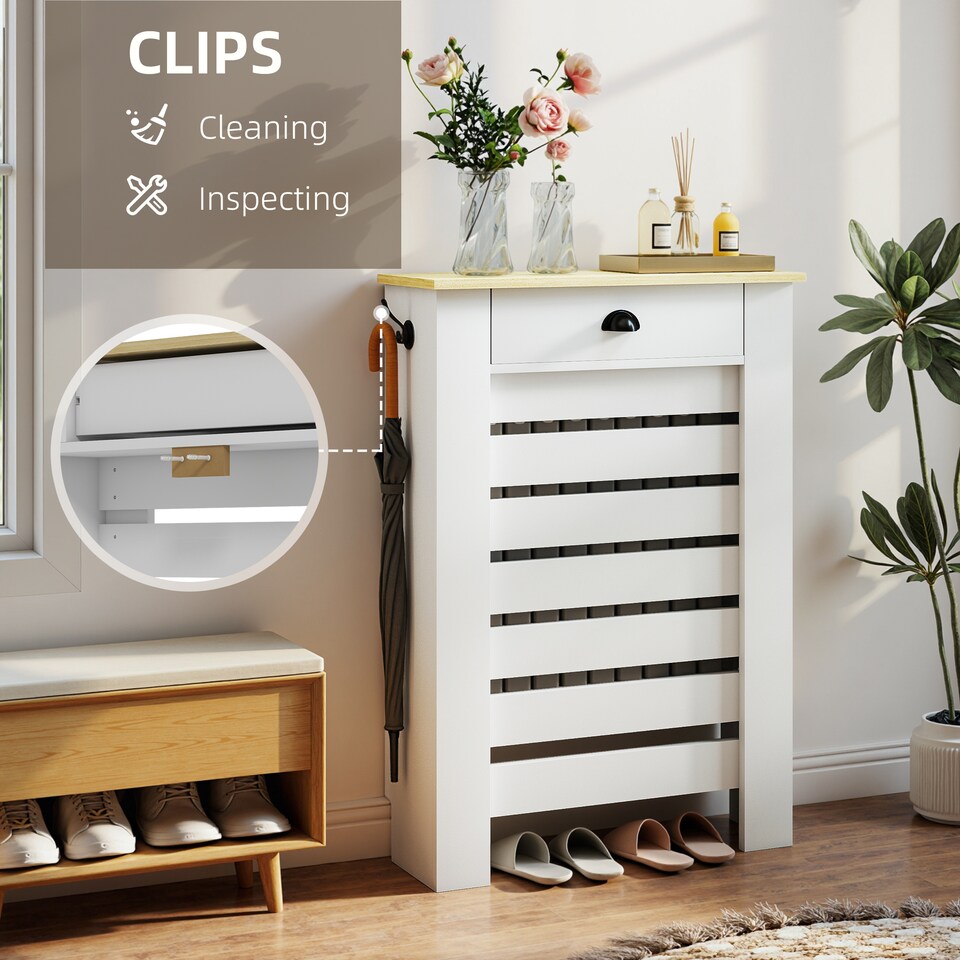 image 1 of HOMCOM Radiator Cover with Drawer, Horizontal Slat, 78cm, White | White | White with wood-effect top | 1
