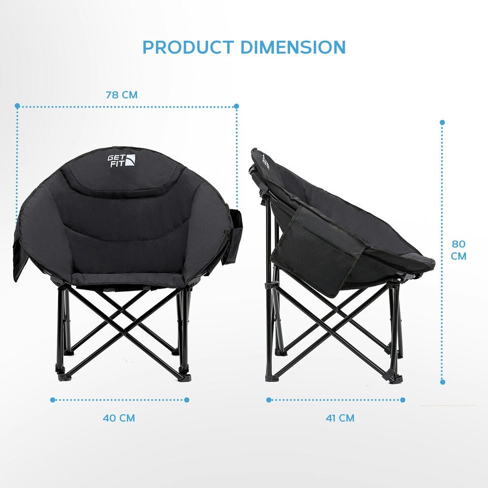 image 1 of Get Fit Moon Camping Chair - Portable Outdoor Premium Folding Chair With Magazine Pocket, Cup Holder & Carry Bag - Capacity 130Kg - Single | Black | 1