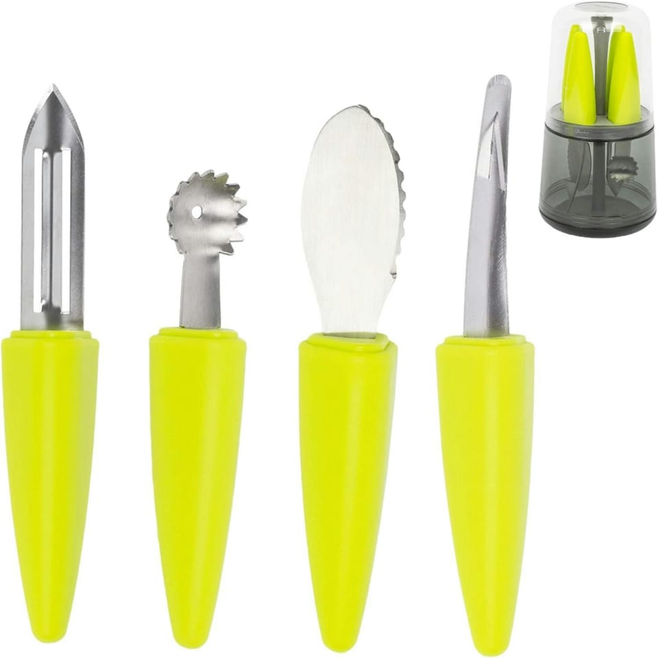 image 1 of CALITEK 4 Piece Fruit Tool Set Stainless Steel Blades Dishwasher Safe Yellow