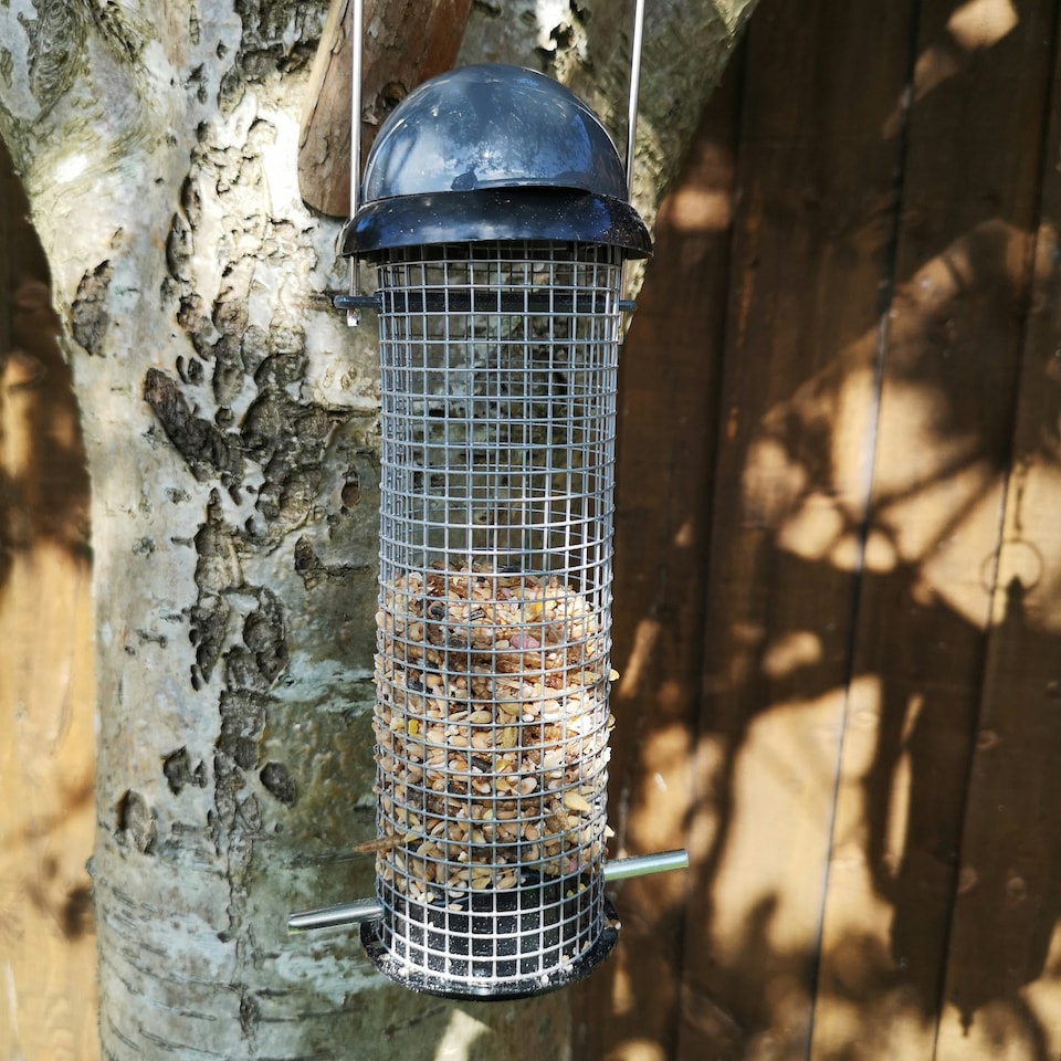 image 1 of Tom Chambers Roll Top Garden Wild Bird Hanging Grey and Black Plastic Peanut Feeder