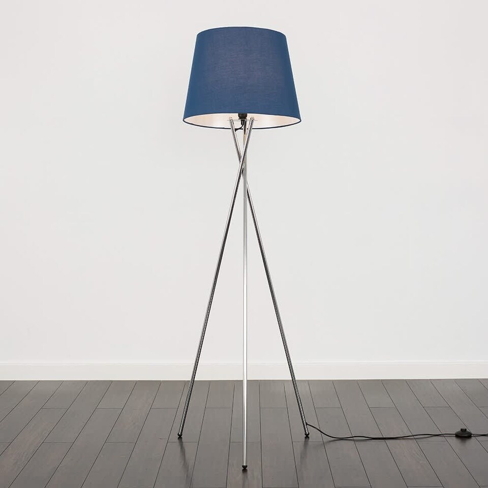 image 1 of ValueLights Camden Chrome Tripod Floor Lamp Navy Taper Shade & Bulb | Blue