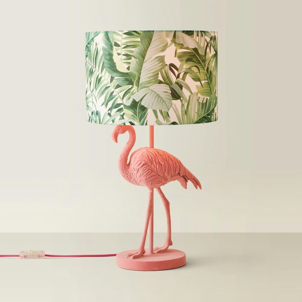 image 1 of ValueLights Pink Velvet Flamingo Bedside Table Lamp with Tropical Palm Leaf Drum Lampshade Animal Light - Bulb Included Pink