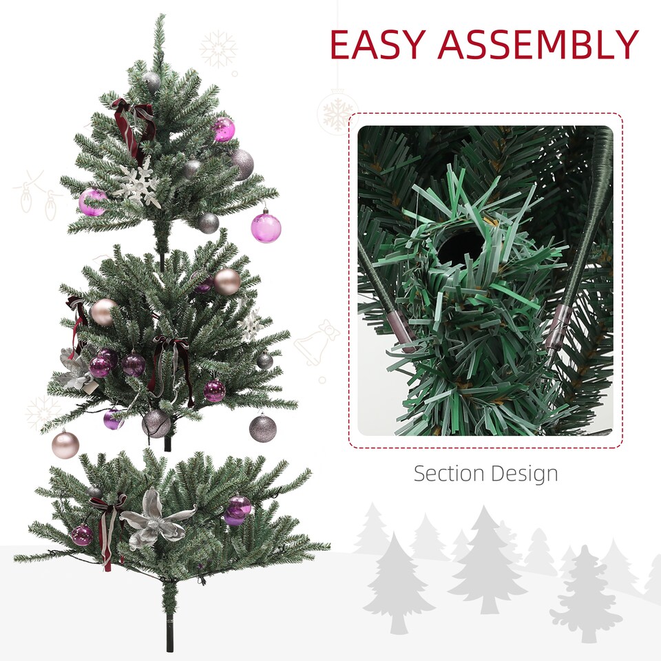 image 1 of HOMCOM 5ft Artificial Prelit Christmas Tree with Warm White LED Lights and 486 Tips, Metal Stand, Xmas Tree with Purple Ornaments for Home Office Holiday