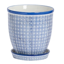 Nicola Spring Hand Printed Plant Pot with Saucer - 22cm - Navy Blue