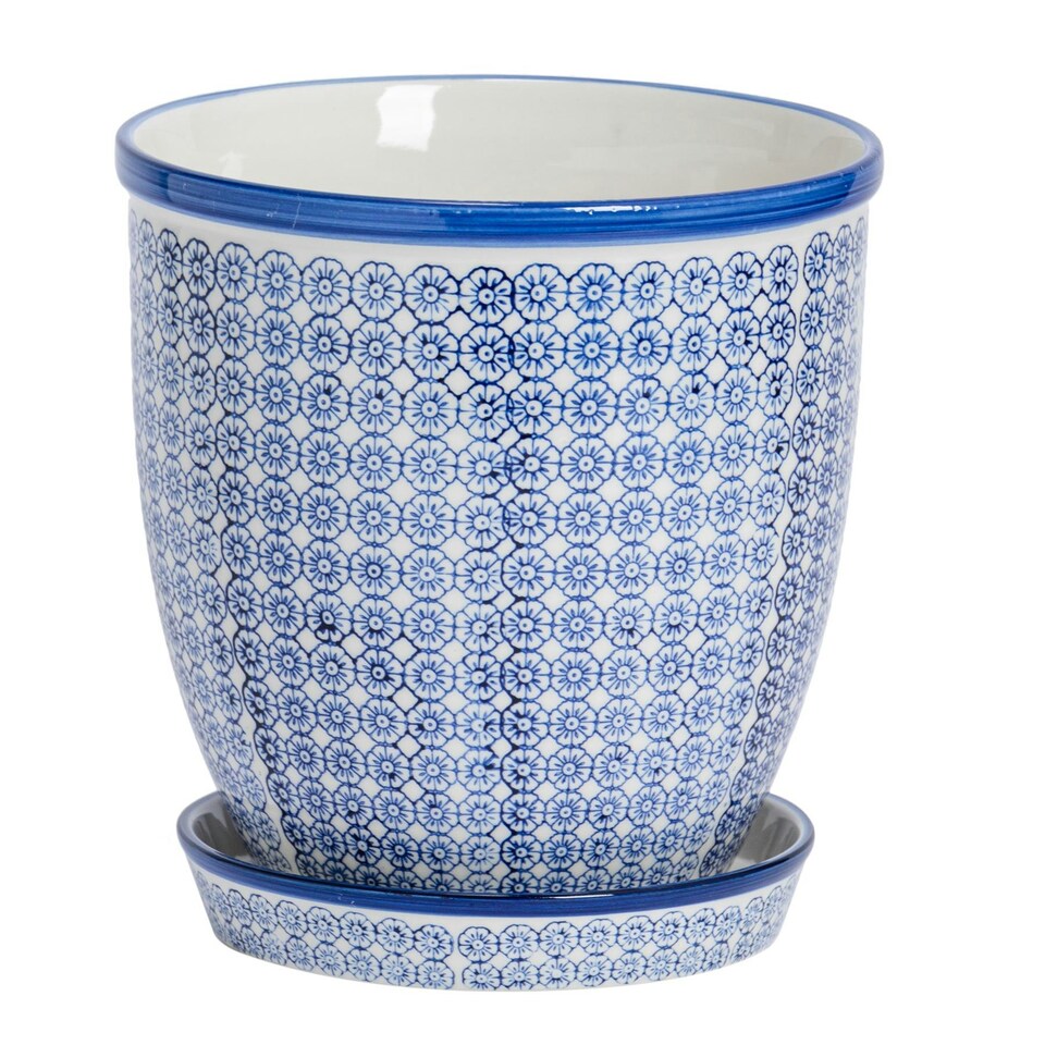 image 1 of Nicola Spring Hand Printed Plant Pot with Saucer - 22cm - Navy Blue