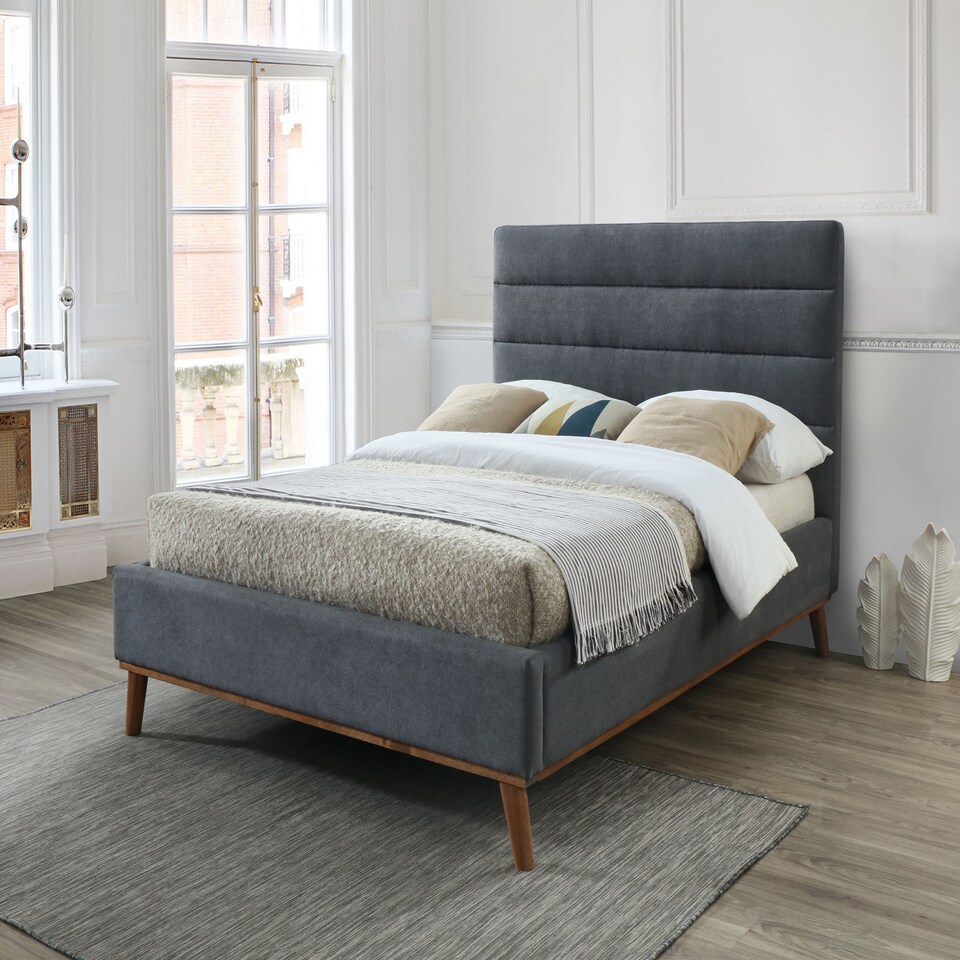image 1 of 4ft6 Double Dark Grey Soft Velvet Fabric Upholstered Bed Frame Bedstead