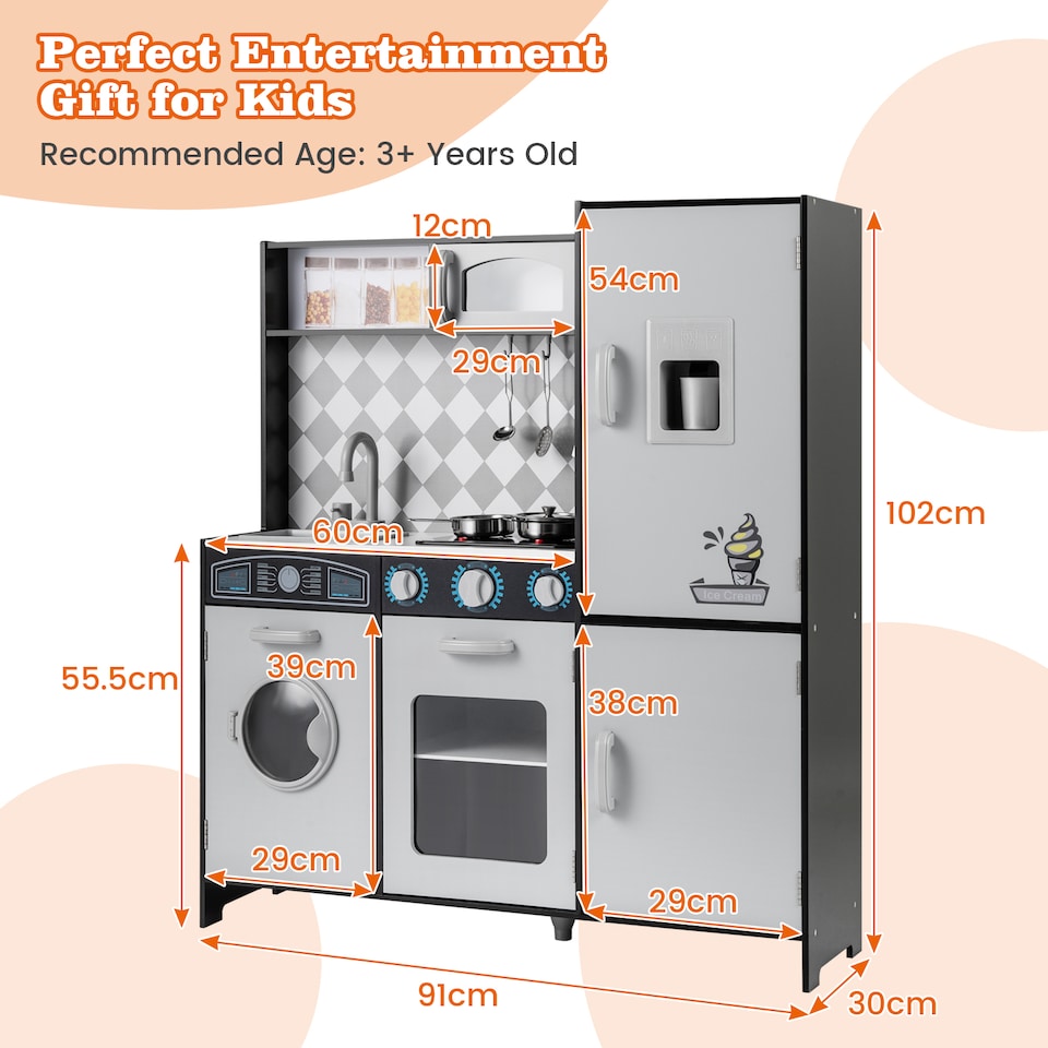 image 1 of COSTWAY Pretend Play Kitchen Kids Wooden Toy Set Kitchen Accessory Playset Grey