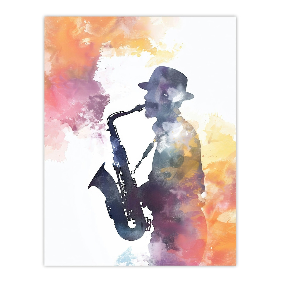 image 1 of Saxophone Jazz Musician Orange Purple Home Decor Black Framed Wall Art Print A4