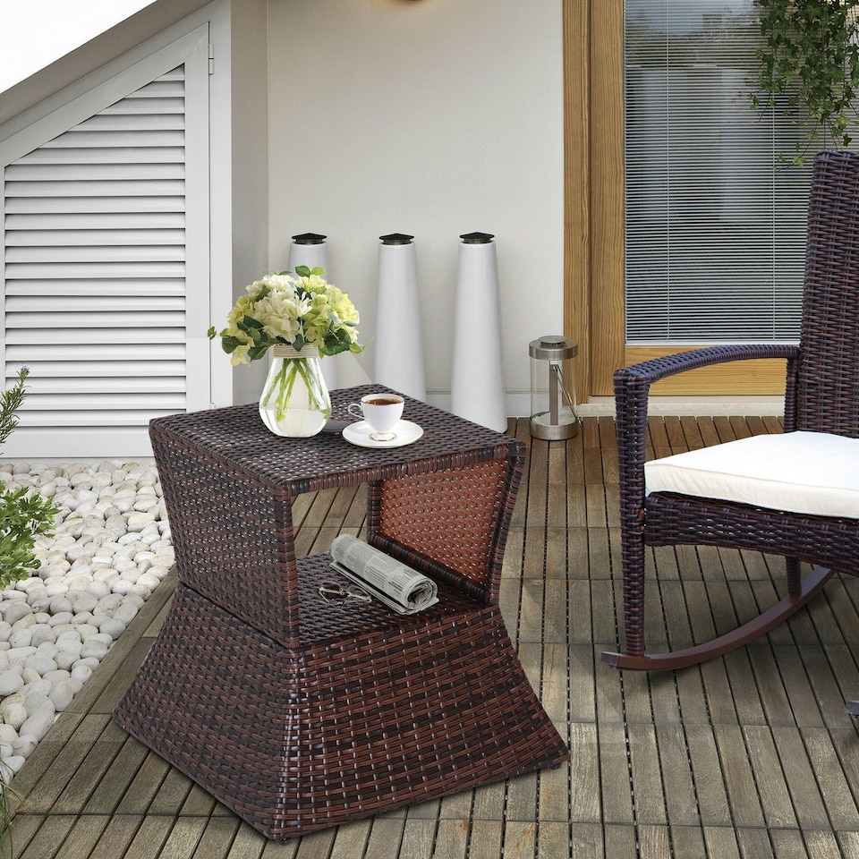 image 1 of Outsunny Rattan Wicker Tea Coffee Table w/ Umbrella Hole Storage Space Brown