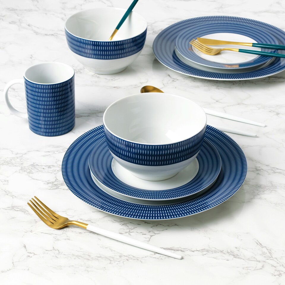 image 1 of 16pc Blue Linear Dinner Set