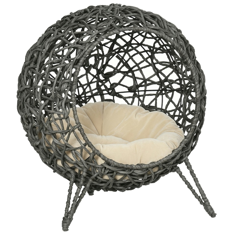 image 1 of PawHut Rattan Elevated Cat House Kitten Bed Pet Furniture w/ Cushion Grey