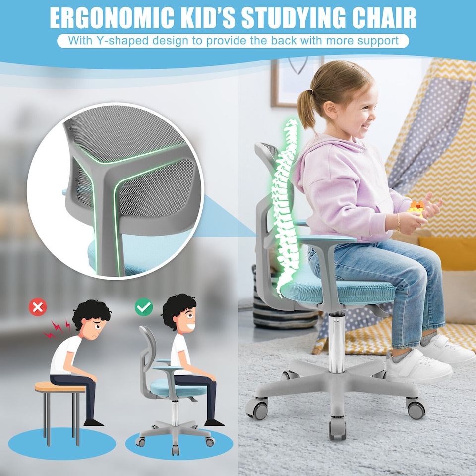 image 1 of COSTWAY Kids Computer Desk Chair Low-Back Task Study Chairs BLue | Blue