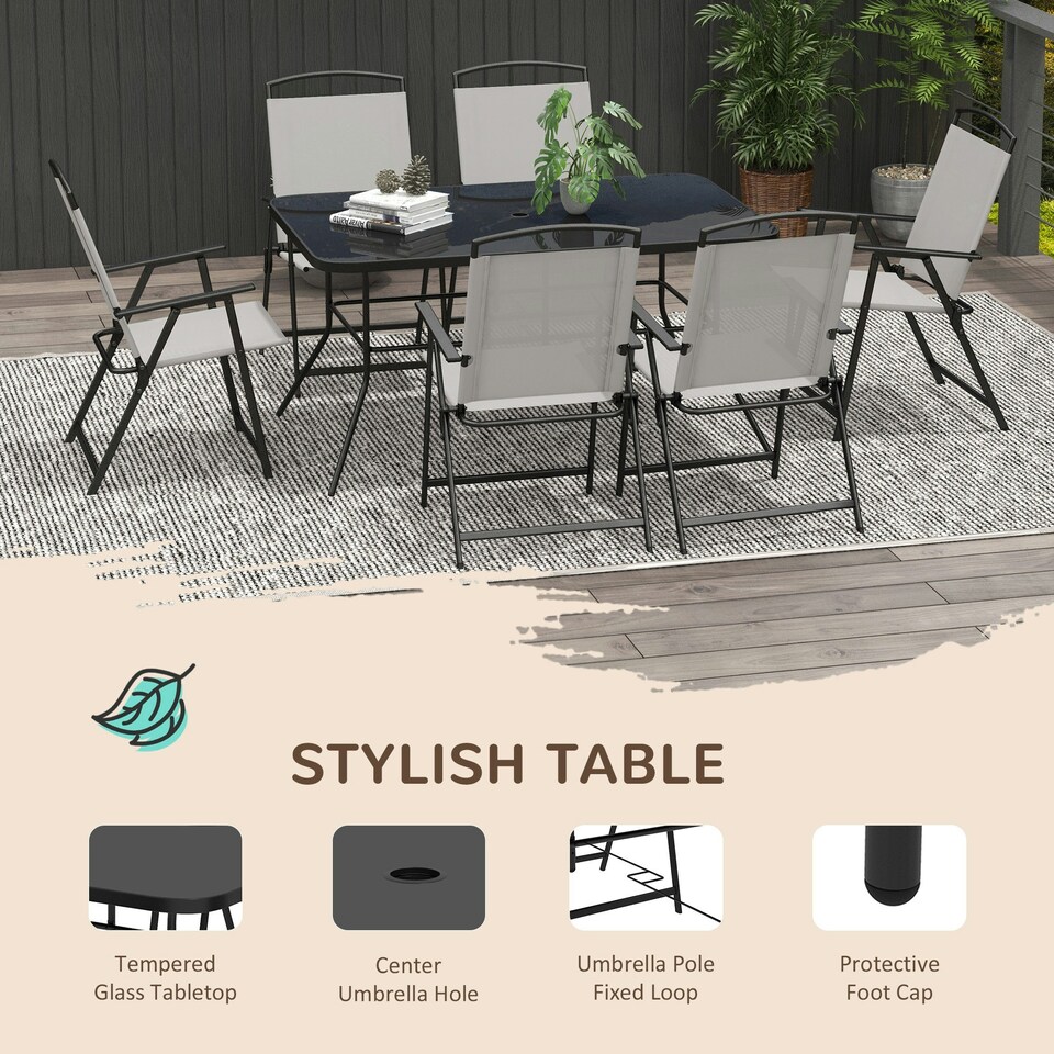 image 1 of Outsunny 7 Pieces Garden Table and Chairs with Tempered Glass Top Grey