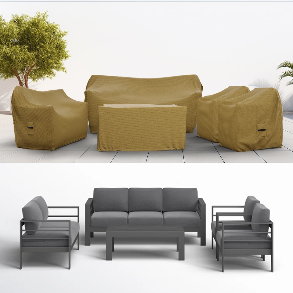 image 1 of Covers&All Patio Furniture Conversation Set Cover, 5 Piece Outdoor Furniture Covers, 1 Sofa Cover, 73 in W x 26 in D x 32 in H, Beige
