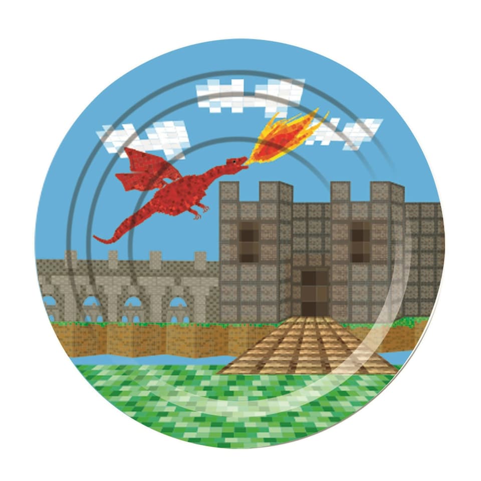 Bristol Novelty Pixellated Medieval Paper Plate - Castle with Dragon - 22cm