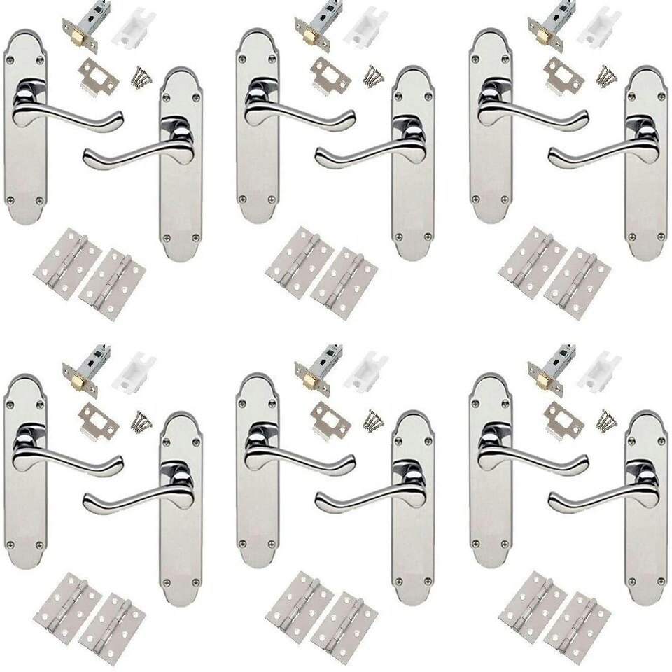 Golden Grace 6 Sets Shaped Epsom Design Scroll Door Handles in Polished Chrome Finish with Hinges & Latches Chrome