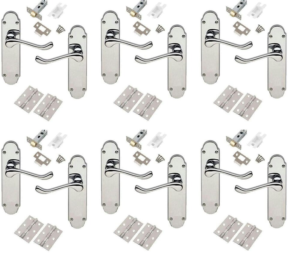 Golden Grace 6 Sets Shaped Epsom Design Scroll Door Handles in Polished Chrome Finish with Hinges & Latches | Chrome | 6 Set