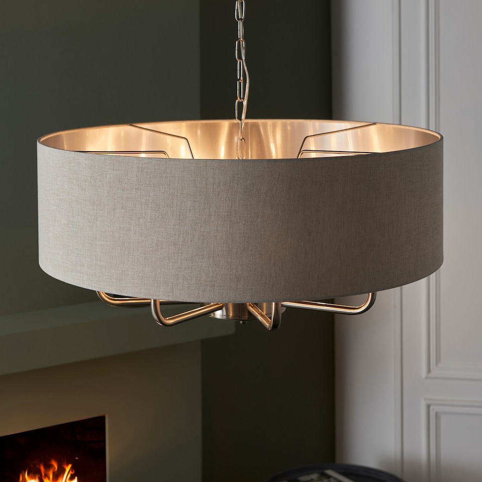 image 1 of Highclere Single Shade Pendant Ceiling Lamp, Brushed Chrome Plate, Natural Linen